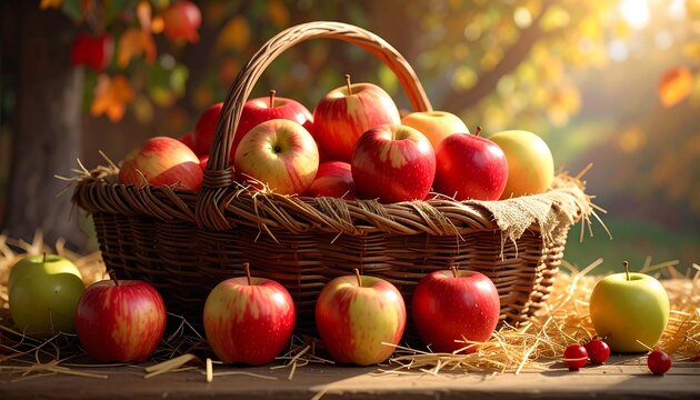 Basket overflowing with ripe apples, autumnal light