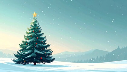 Animated Christmas tree with star, snow falling, and snow-covered mountains in background