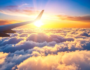 Aircraft wing soaring above a vast, golden cloudscape during a sunrise