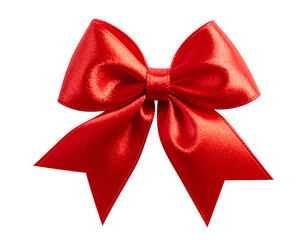 Red satin bow with prominent knot and two streamers, isolated on a black background, showing subtle light play