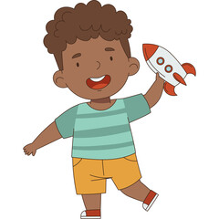 Joyful young boy holding a toy rocket ship with orange shorts and striped t-shirt against a clean white background representing imagination and childhood dreams