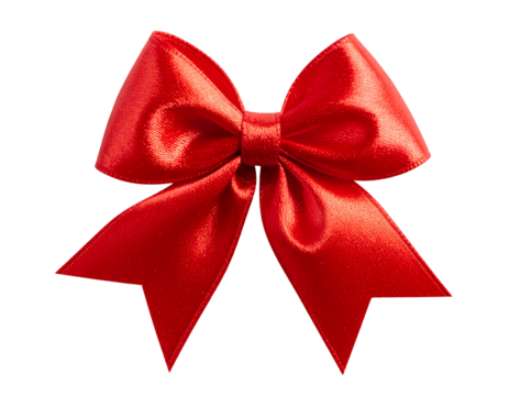 Red satin bow with prominent knot and two streamers, isolated on a black background, showing subtle light play