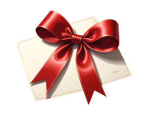 Red satin ribbon tied elegantly atop creamy paper; gentle shadows enhance its dimension and texture