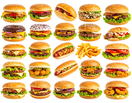 Rows of burgers and hotdogs are layered across a black background, punctuated by a pile of French fries