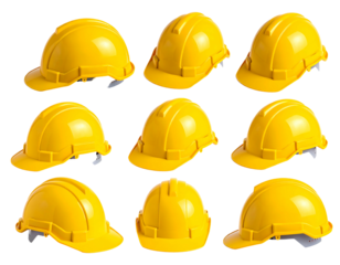 Nine yellow hard hats arranged in a three-by-three grid against a black background