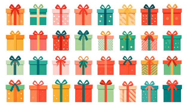 Rows of colorful gift boxes with different patterns and bows, on a black background