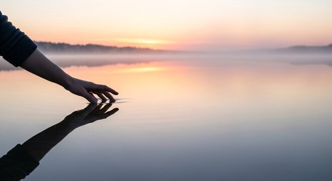 Gentle hand touches calm water surface at sunrise, reflecting soft pastel sky and tranquil mist.