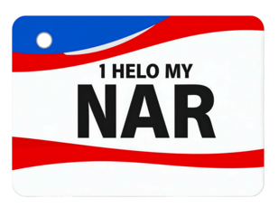 Novelty item white background, red/blue curved accents, bold text saying "1 HELO MY NAR", black border, round hole
