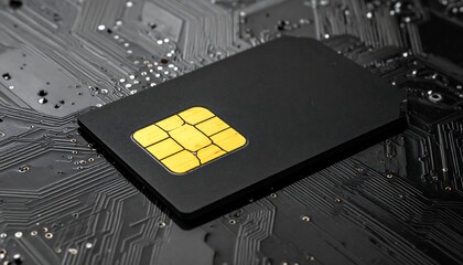 Close-up of black SIM card with gold contacts on a circuit board