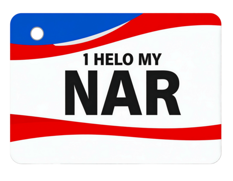 Novelty item white background, red/blue curved accents, bold text saying "1 HELO MY NAR", black border, round hole