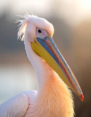 Close-up portrait of a graceful pelican in soft, golden light