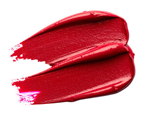 Red smear isolated on black. Abstract brush stroke texture with a shiny surface. Decorative, cosmetic, or culinary context
