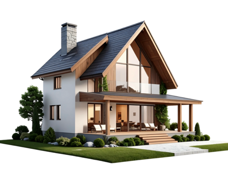 Modern house rendering with large glass windows, gabled roof, wooden accents, lush green landscaping, on a black background