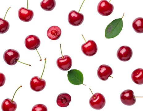 Multiple ripe red cherries with green stems and leaves on a black background
