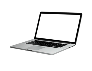 Modern laptop, angled view, displaying blank white screen on sleek, silver frame, set against solid black backdrop