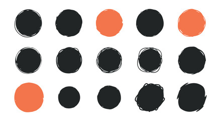 Set of hand drawn circles and blobs in black and orange colors.