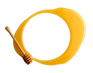 Sweet circle of honey with dipper, against black, top-down view