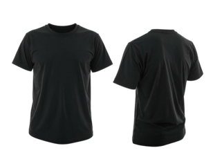 Two plain black t-shirts, viewed from front and back, against a black backdrop