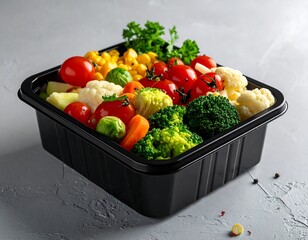 Assorted fresh vegetables artfully arranged in a black container