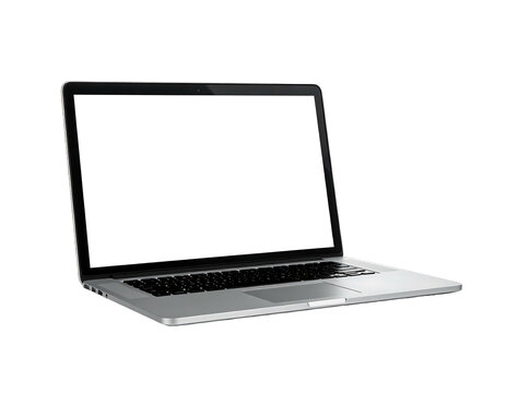 Modern laptop, screen blank. Silver, sleek design with black keyboard against a solid black background. Isolated