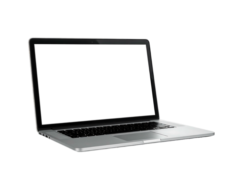 Modern laptop, screen blank. Silver, sleek design with black keyboard against a solid black background. Isolated