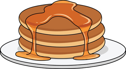 Delicious stack of golden pancakes dripping with sweet maple syrup on a white plate breakfast treat vector