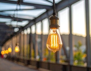 An illuminated vintage light bulb hangs from a metallic structure