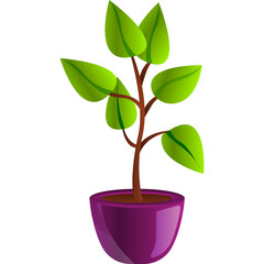 Illustration of a Green Leafed Potted Plant with a Purple Pot and Brown Stem Isolated on White Background