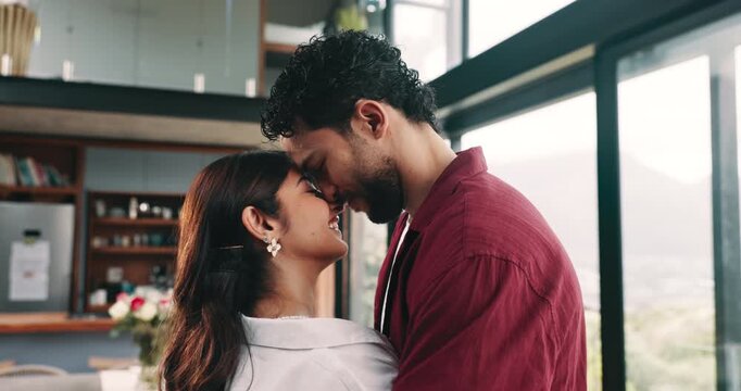 Dance, romance and love with couple in living room for support, celebration and happiness. Music, relax and trust with man and woman hugging in home for wellness, commitment and marriage together