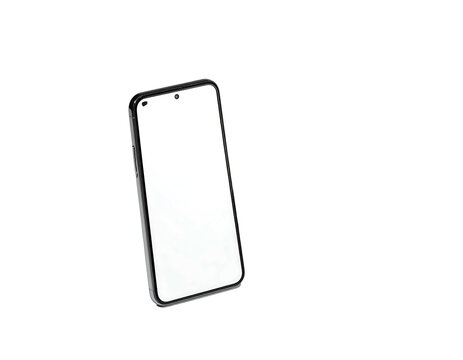 Modern phone mockup; sleek, minimal black frame with a bright, white blank screen display