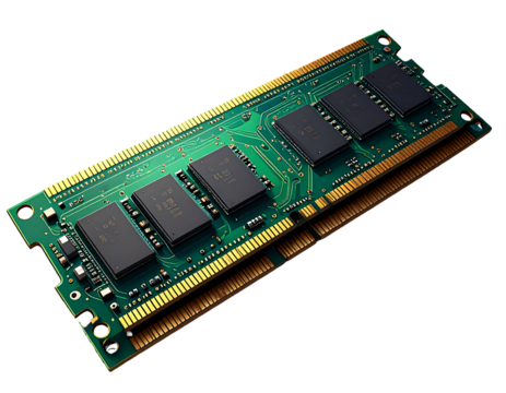 RAM stick close-up on black background. Green circuit board and gold connectors visible, tech detail, macro view