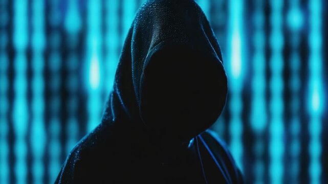 A person dressed as a mysterious figure with hooded cloak and glowing blue background.