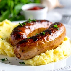 Delicious grilled sausages atop fluffy mashed potatoes, parsley garnish