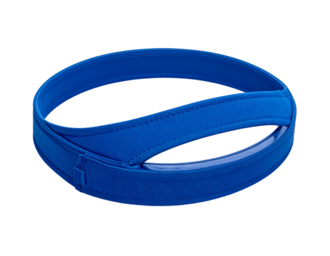 Royal blue athletic headband, textured fabric, overlapping design, positioned diagonally against a solid dark background