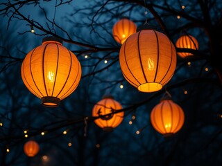 Obraz premium Glowing paper lanterns hanging from trees create a festive atmosphere