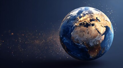 Fototapeta premium Blue and gold Earth globe floating in a galaxy with soft starlight, 