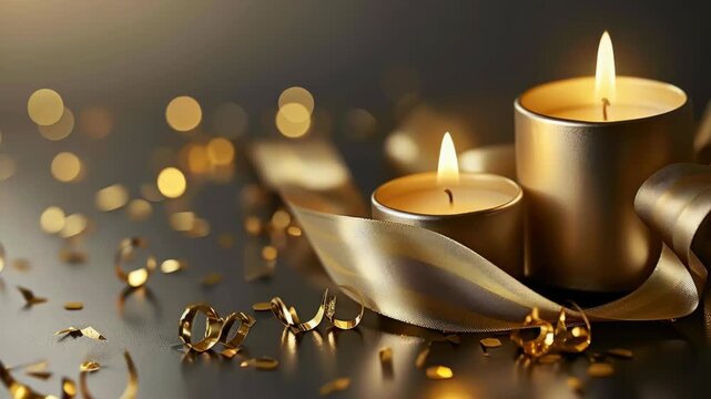 Gold confetti scattered around candles with lit wicks on a dark surface, symbolizing festive or celebratory occasion.