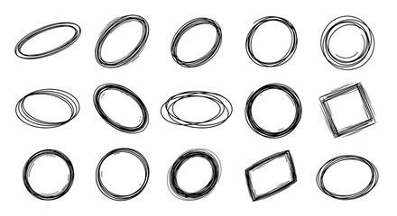 Hand drawn scribble circles ellipses and squares set.