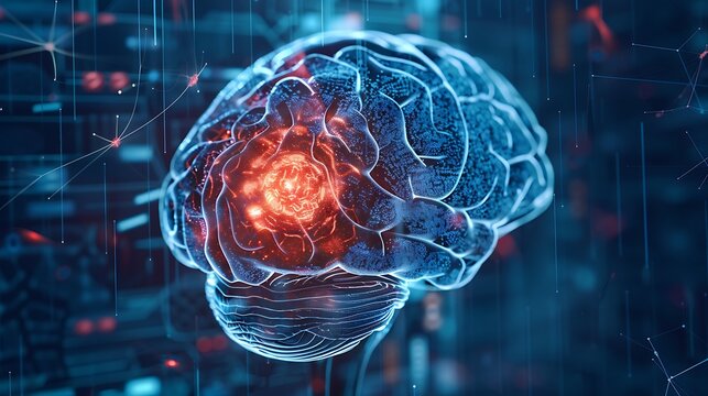 Brain tumor illustration, glowing 3D brain with highlighted tumor area in red