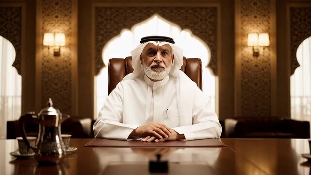 A distinguished man in traditional attire, seated thoughtfully at a wooden table in a lavish room