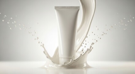 Unbranded white cosmetic tube in dynamic creamy liquid splash, suspended droplets, embodying pure beauty, freshness, and elegant skincare solutions