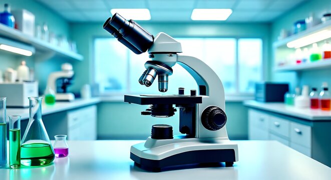 Modern laboratory microscope on clean laboratory countertop with copy space for scientific research presentation or medical advertising campaign background