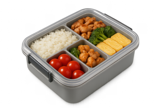 Bento box with Japanese chicken, rice, eggs and vegetables