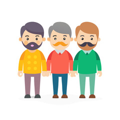 little bearded men 2D uncles in colorful clothes and with colorful beards and mustaches on a white background