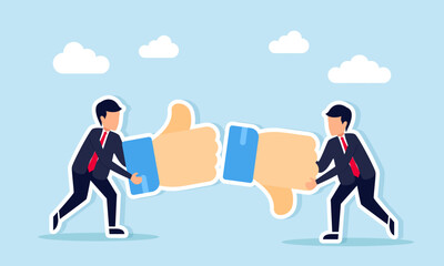 Businessmen holding thumbs up and thumbs down symbols representing agreement and disagreement in a business argument