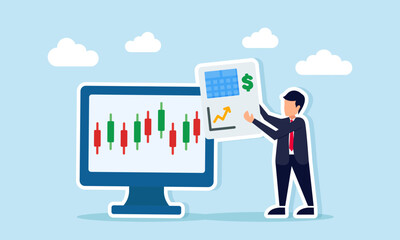 Businessman near monitor with candlestick stock chart holding financial report with graph and dollar symbol analyzing company fundamental performance