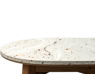 Marble-patterned tabletop with wood trim and legs against a black background, cropped for a perspective view