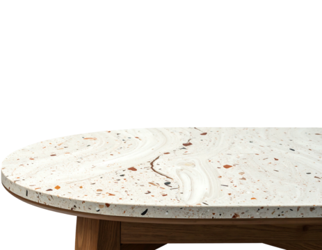 Marble-patterned tabletop with wood trim and legs against a black background, cropped for a perspective view