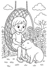coloring book girl sitting on swing with capybara in garden