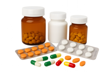 Pills and capsules assortment in bottles and blister packs for healthcare needs